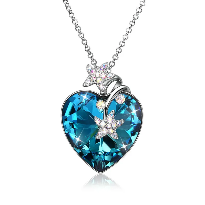 

Crystals Necklaces Zircon Fashion Jewelry for Women Starfish heart shape Pendant 2018 Blue Rhinestone Luxury Set Heart Stateme