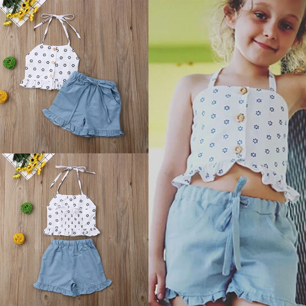 Модная одежда для маленьких девочек, ремешок с цветочным принтом, топ+ джинсовые шорты, комплект летней одежды