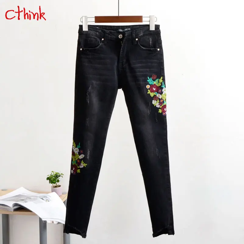 

2018 New Floral Embroidery Stretch Skinny Women Jeans Fashion OL Slim Ankle Length Pants For Woman Stylish Flower Womens Jeans