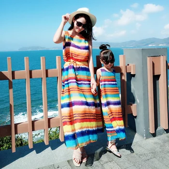 

1pc Dress Mother Daughter Summer Fashion Mom Kids Girl Striped Sleeveless Vacation Dresses Family Matching Outfits