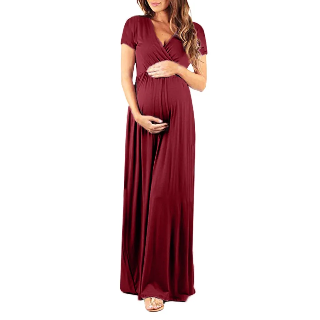 MUQGEW elegant dress for women Women's Pregnancy V Collar Short Sleeve Dress Maternity Lady's Sundress Clothes dames jurken#y2 - Цвет: Бордовый