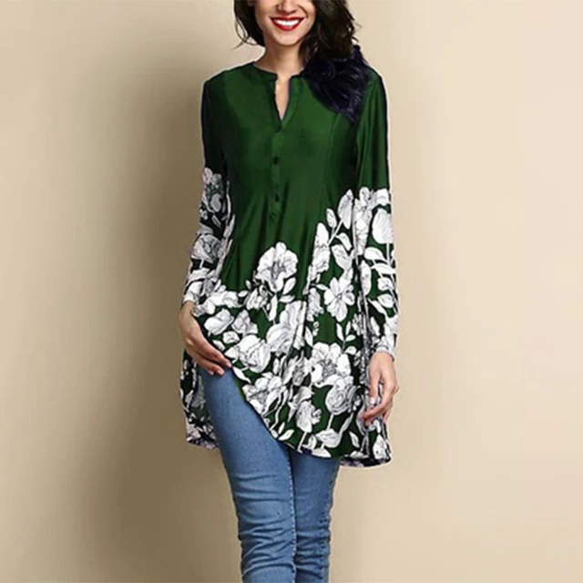 Women Long Tops Tee Spring Summer Casual Long Sleeve Loose V Neck Print Floral Button Package