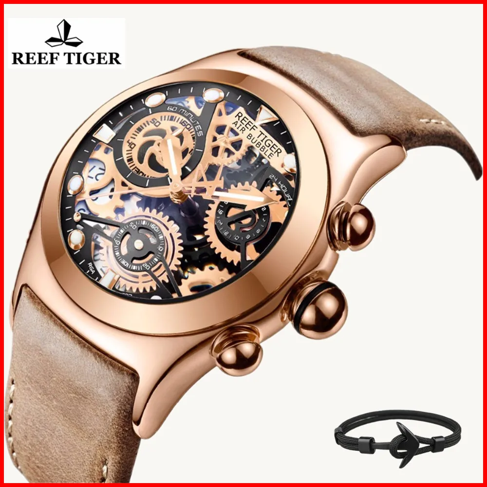 

Relojes Mujer 2019 Reef Tiger/RT Mens Sport Watch Leather Skeleton Quartz Waterproof Chronograph Watch Relogio Masculino RGA792