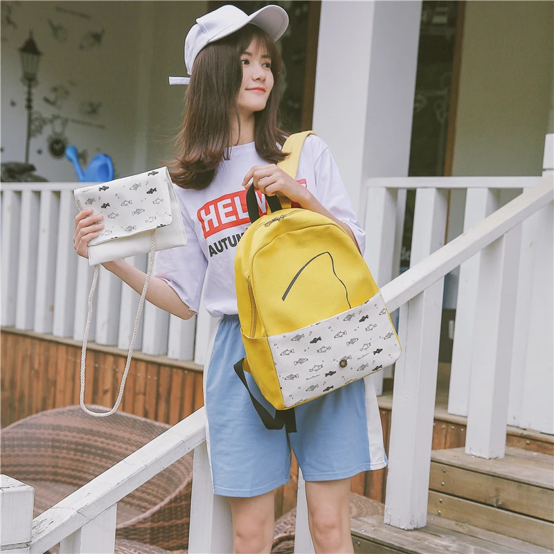Menghuo 2 Pcsset Women Backpacks Cute Fish School Bag for Teenage Girls Printing Canvas Backpack Ladies Shoulder Bags Mochilas (17)