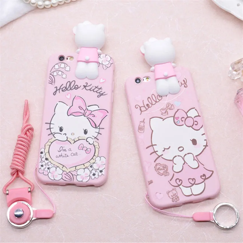 

Phone Case For iPhone X XS Max XR Cute 3D Hello Kitty Soft Silicone Case Cover For iPhone 7 8 Plus 6S Coque Kitty Lanyard Fundas