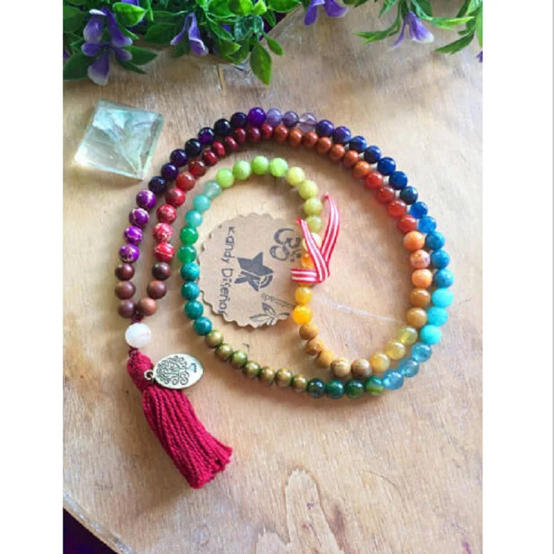 Online 8mm Natural colorido Chakra energía piedra hecha a mano 108 Mala pulsera con Árbol de la vida colgante Yoga borla collar Dropshipping