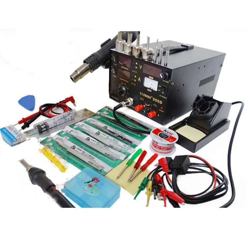 

110V or 220V Saike 909D 3 in 1 Heat Air Gun Solder Iron Soldering Station+Power Supply