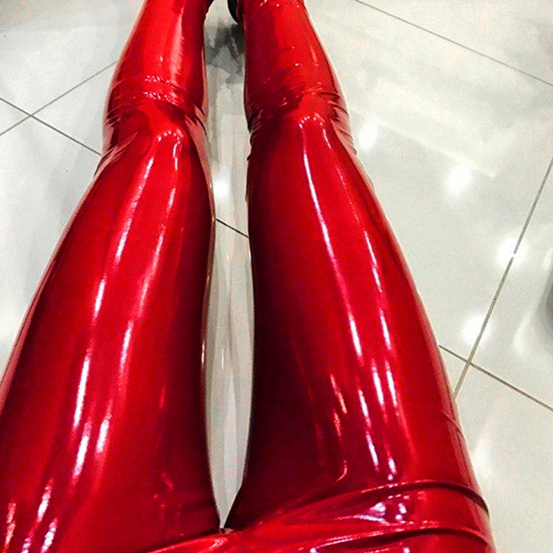 Костюм брюки стильные джинсы резиновые женские тонкие полиуретановые ПУ кожаные повседневные обтягивающие Красные сексуальные латексные длинные узкие брюки