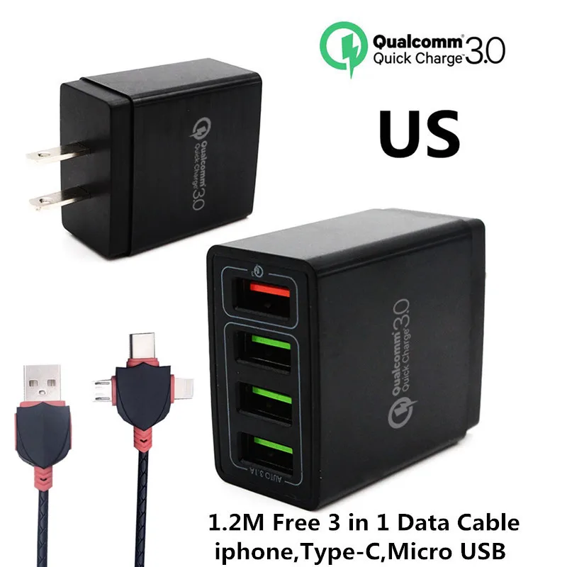 XEDAIN 4-Порты USB Зарядное устройство Quick Charge 3,0 9 V 12 V EU/US 5 V/2.4A Подключите быстрой зарядки для samsung iPhone стены мобильный телефон адаптер