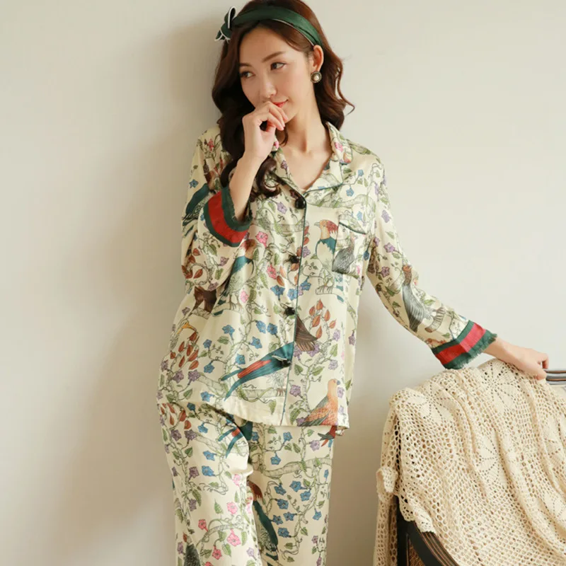 

Spring Silk Pajamas High-end Sexy Female Pijama Mujer Rayon Printing Pajamas Set Plus Size Long Sleeve Trousers Sleepwear Suit