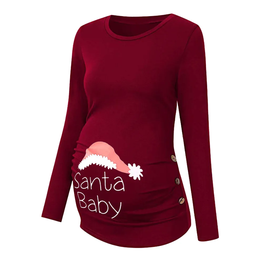 Одежда для беременных; хлопковая одежда для беременных; женская одежда с принтом; Рождественский топ с длинными рукавами и рюшами; Одежда для беременных - Цвет: Красный
