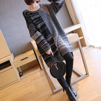 

Spring 2019 Fashion Pullover Korean Loose Retro Striped Sweater O-neck Medium Long Knitted Women Sweaters and Pullovers