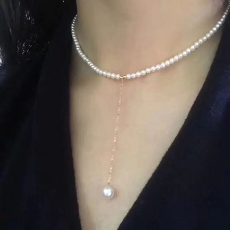 Sinya 18k Gold natural Round Pearls choker necklace for women ladies lover choker pearls diameter 3-4mm high luster cute jewelry (1)