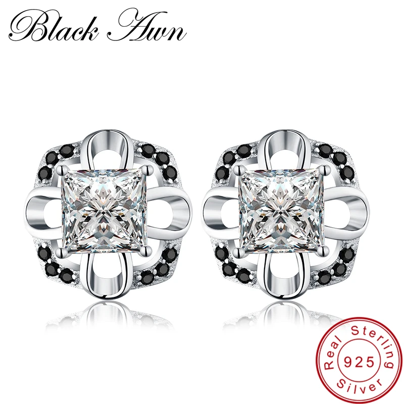 

[BLACK AWN] Genuine 100% 925 Sterling Silver Classic Flower Stud Earrings for Women Jewelry Black Spinel Stone Earring T058