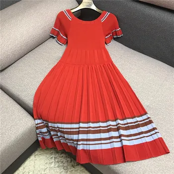 

Luxury Designer Brand Knitted Dress for Women Casual O Neck Butterfly Sleeve Patchwork Striped Knitted Pleated Dress