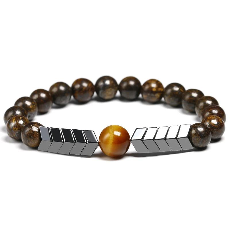 Natural 8MM BRONZITE Stone Beads With 10MM Tiger Eye Strand Bracelet Arrow Hematite Bracelet Men Best Gift Jewelry