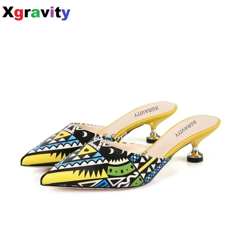 

Xgravity 2017 European American New Graffiti Women Mid Heeled Sexy Comfort Lady Fashion Woman's Point Toe Sandals Girl Slippers