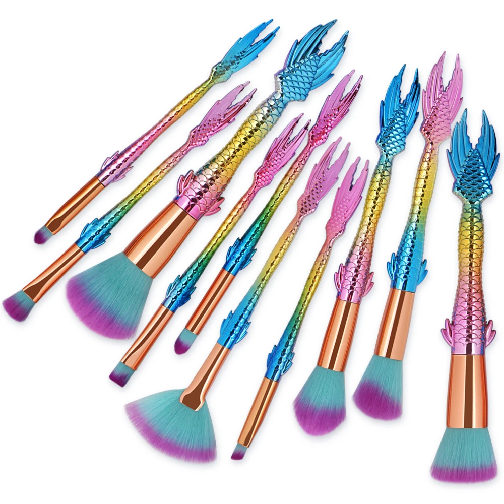 Mermaid Makeup Brushes Set 10Pcs Fan Brush Glitter Eyeshadow Brush For Powder Blush Brush Makeup