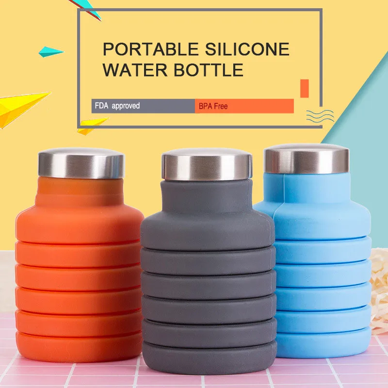 500ML Silicone Water Bottle with Stainless Steel Cover Folding Coffee Bottle Outdoor Travel Drinking Collapsible Sport Kettle