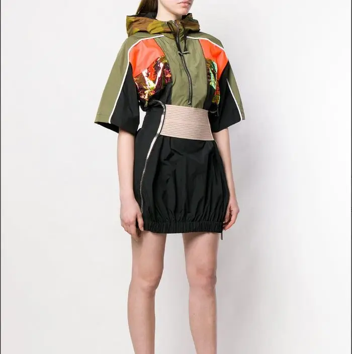 

2019 Women's front zip fastening hood stitched panels cinched waist Black Sport Technical Mini Dress