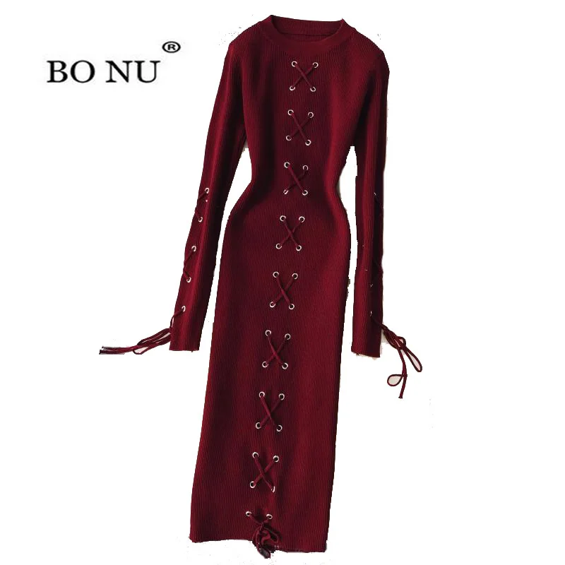 

BONU Women Maxi Knitted Dress Winter Slim Lace Sweater Dress Elegant Women Sexy Red bodycon dress Black Office Dress