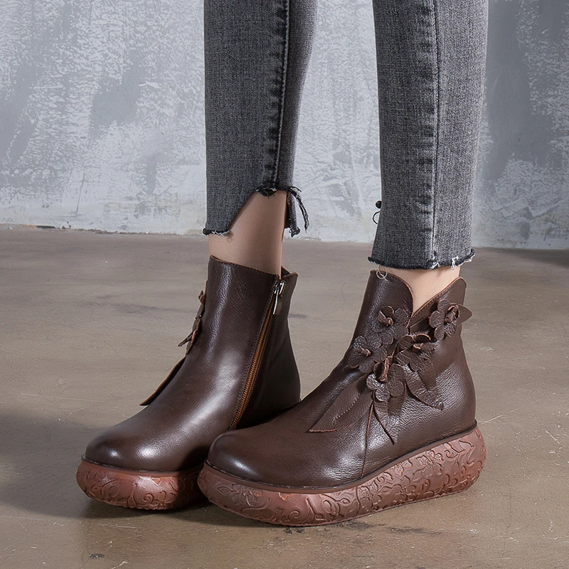 

VALLU Leather Platform Shoes For Women Elegant Real Cow Leather Female Short Boots Flower Thick Outsole Lady Wedge Booties