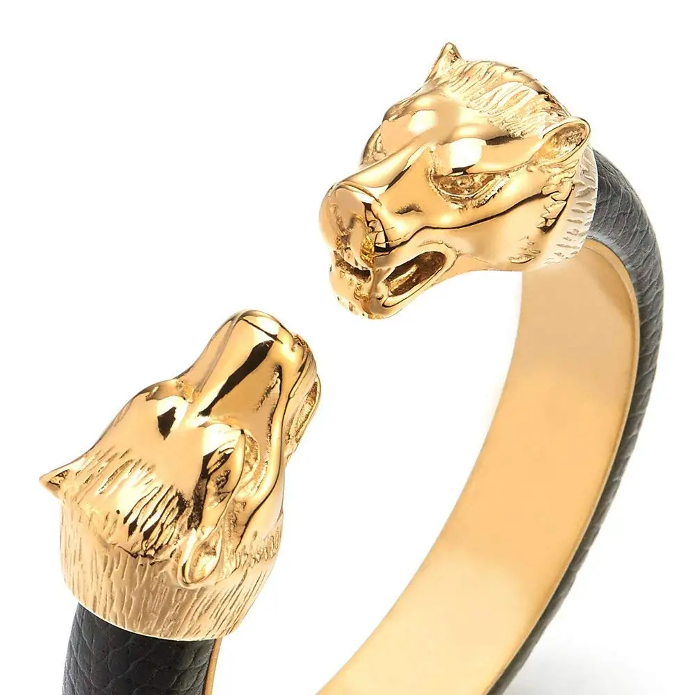 Mens Steel Wolf Head Open Cuff Bangle Bracelet Inlaid with Black Leather Elastic Adjustable