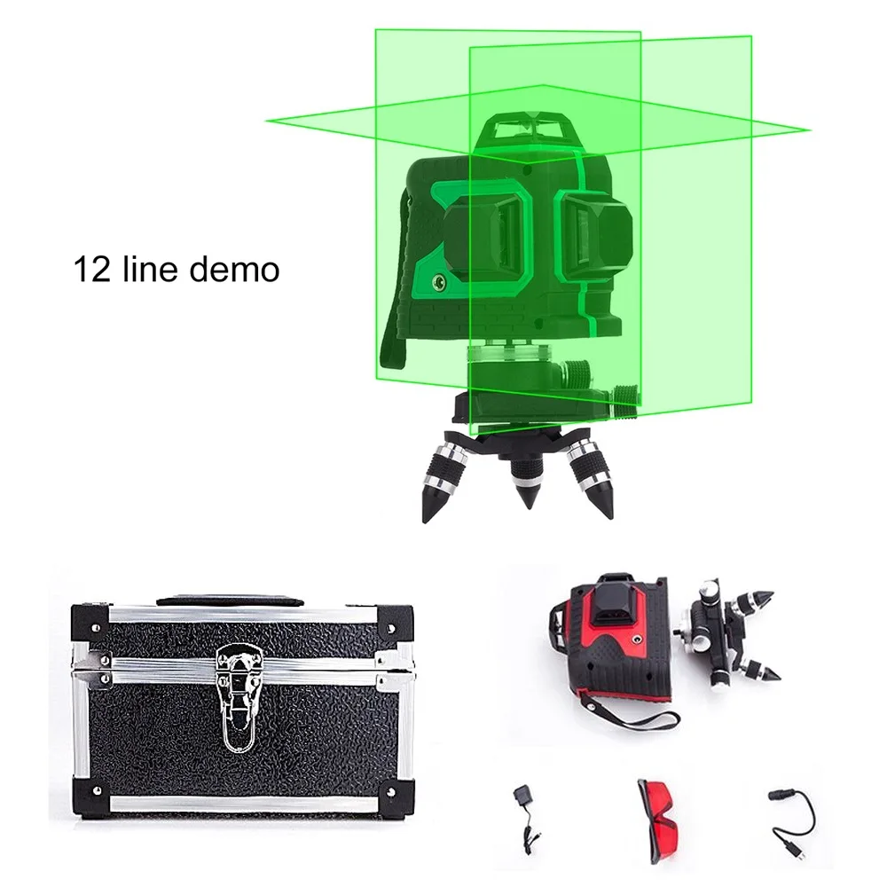 Мощный 12 линий красный зеленый лазерный уровень 8 лучевая линия алюминиевая коробка самонивелирующийся 360 звуковой сигнал тревоги горизонтальный и вертикальный крест - Цвет: 12 lines Green Laser