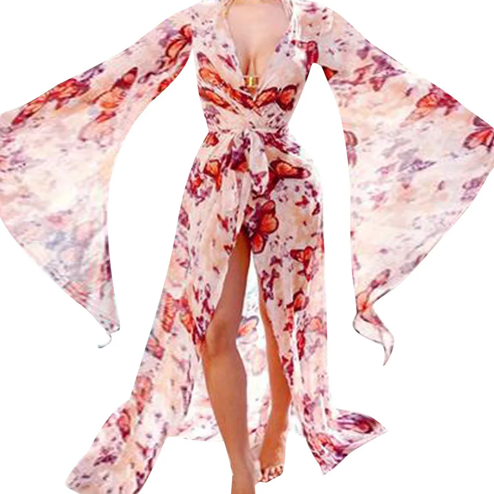 

Beach Cover up Butterfly Print Flare long Sleeve Maxi Bikini Cover up Tunic for Beach Swimsuit cover up Sarong Saidas Beach wear