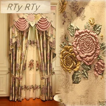 

European Royal Top 4D Jacquard Blackout Curtains for Villa Living Room Windows Classic Beige Elegant Curtains for Bedroom Hotel