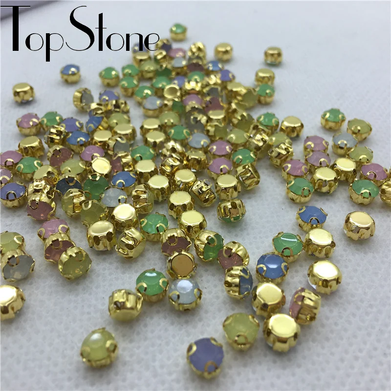 

TopStone 5mm 200pcs Round Resin Sew On Rhinestones Pink,White,Green,Blue,yellow Opal Colors Sewing Stone in Gold Claw Setting