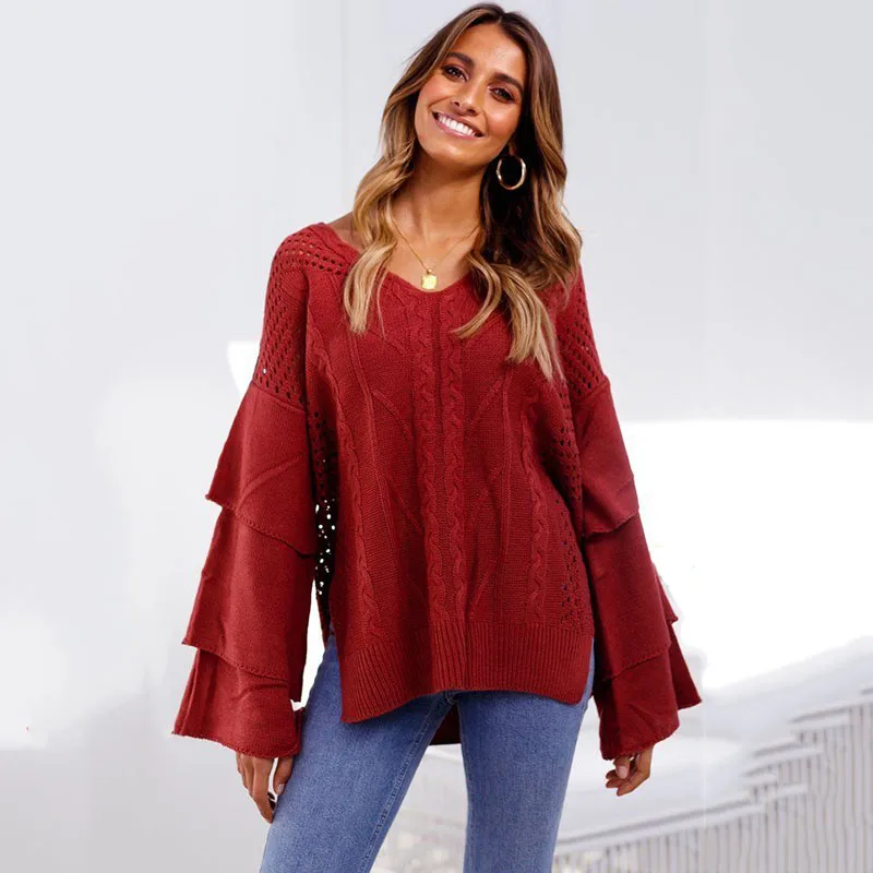 Womens V Neck Top Oversize hollow out Mesh Knitted Sweater Elegant layers Long sleeve pull femme truien dames Fashion Streetwear | Женская