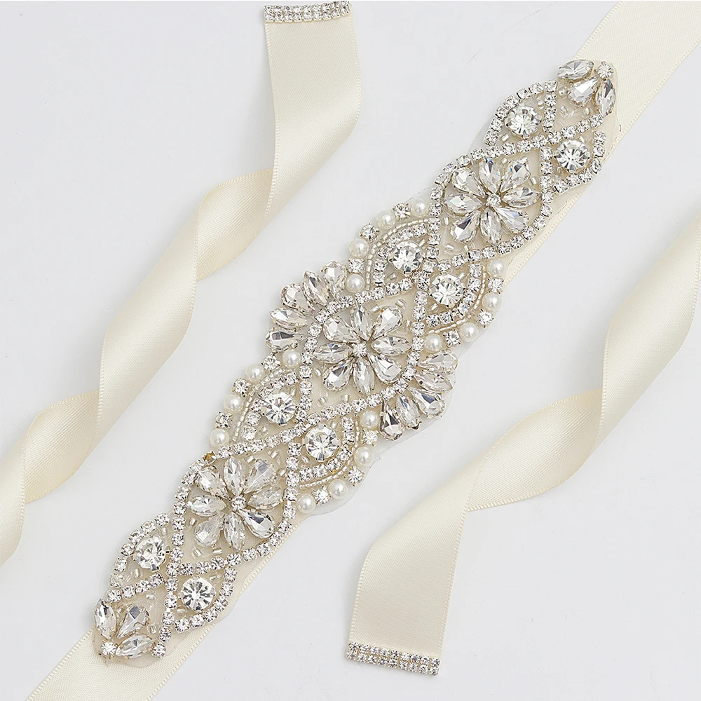 

Yanstar Rhinestones Belt Silver Crystal Bridal Belt Handmade Pearls Belt For Wedding Dresses 35WB837