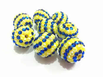 

20mm 100pcs/lot Yellow With RoyalBlue Striped Resin Rhinestone Ball Beads,Chunky Beads For Kids Jewelry Making