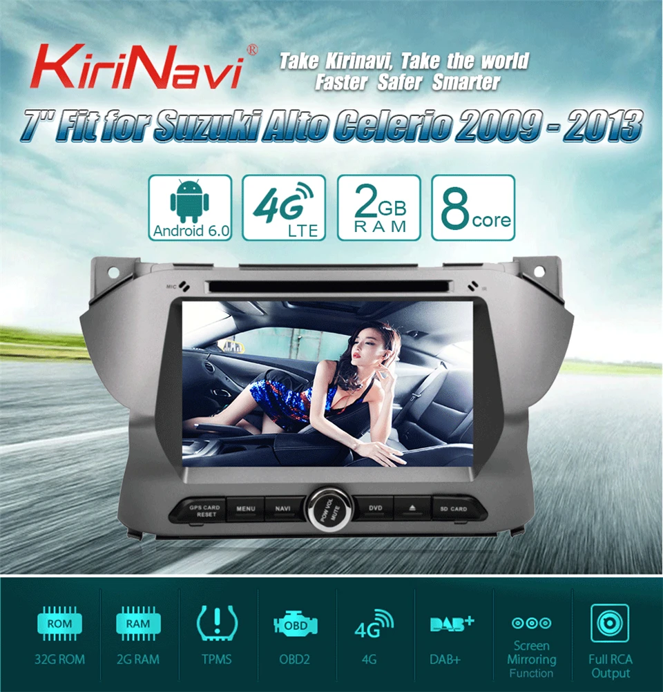 KiriNavi, четыре ядра, 4G, android 7, сенсорный экран, автомобильное радио, gps для Suzuki Alto Celerio, mp3, поддержка 2009-2013, 4K видео, 4G