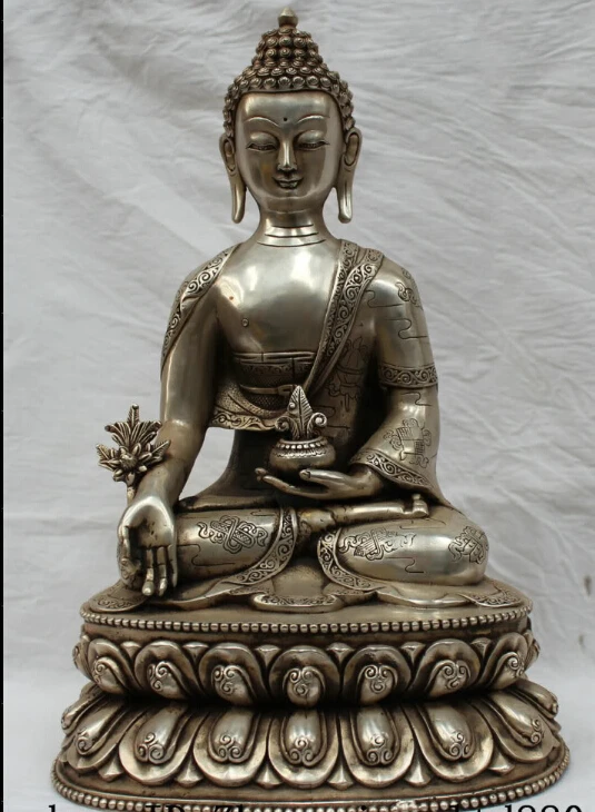 

13"Tibet Tibetan Silver 8 Auspicious Symbol Medicine Buddha Medicinal God Statue