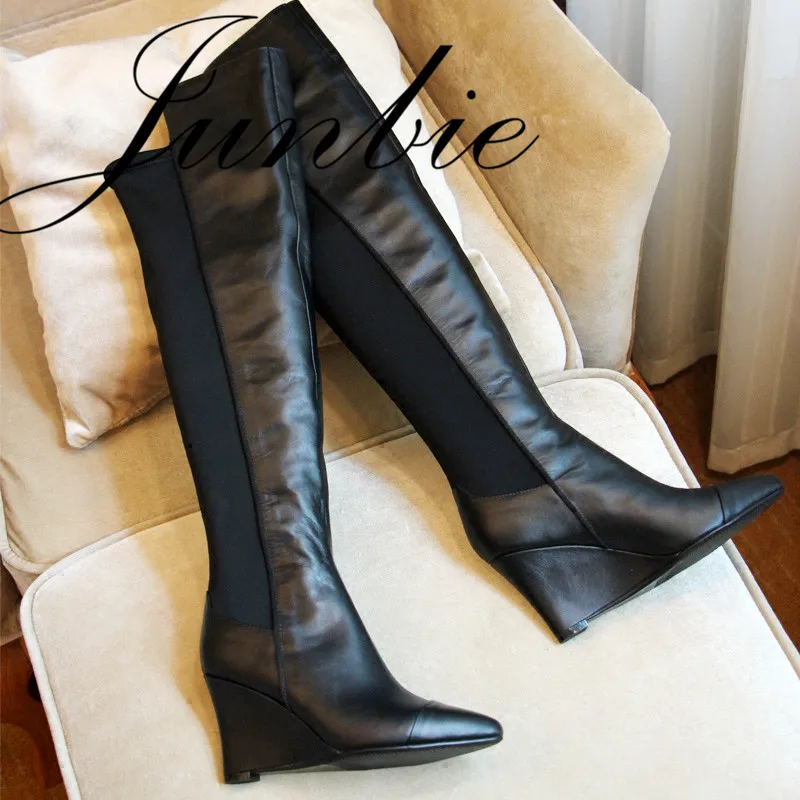 

JUNBIE New Fashion Black Rome Gladiator Over The Knee HIgh Thigh High Boots Pointed Toe Slip On Women Comfrotable Wedges Shoes