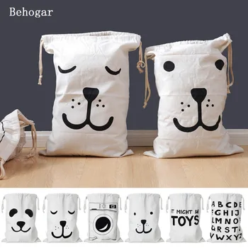 

Behogar Cute Cartoon Canvas Drawstring Storage Bag Kids Toys Clothing Books Laundry Bag Organizer Basket for Children Room