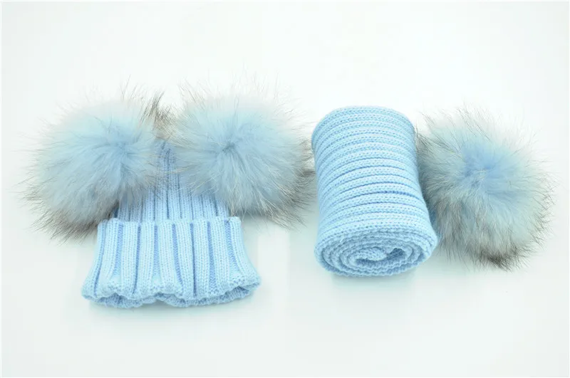 Bonnet et Écharpe Double Pom Pom de fourrure, Bonnets Enfants d'hiver