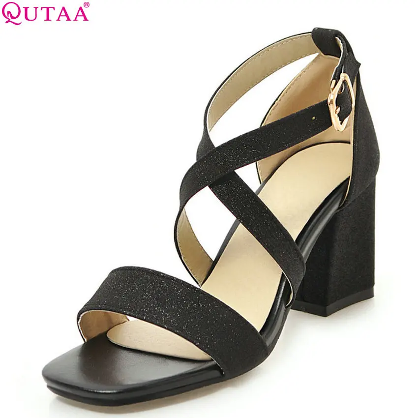 

QUTAA 2018 Women Pumps Pu Leather Fashion Platform Women Shoes Buckle Design Square High Heel Solid Women Pumps Size 34-43