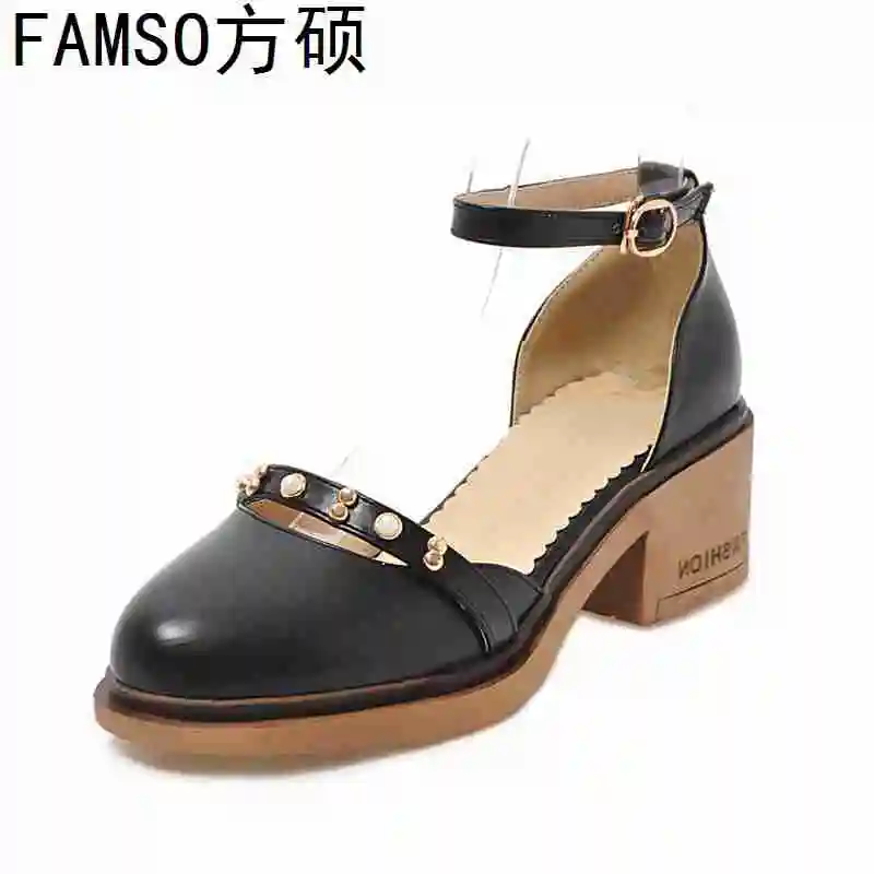 

FAMSO 2019 New Arrival Women Sandals Shoes Black Size 34-43 Round Toe Thick Heels Rivets Ankle Strap Summer Elegant Sandals