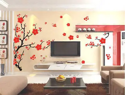 Роскошные сливы цветок стены стикеры Съемный красный цветок Декор китайский стиль наклейки виниловые художественная Фреска