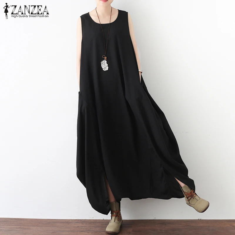 Rompers Women Jumpsuit Summer ZANZEA Long Playsuit Overalls Solid Casual Loose Sleeveless Pockets Maxi Robe Femme Plus Size