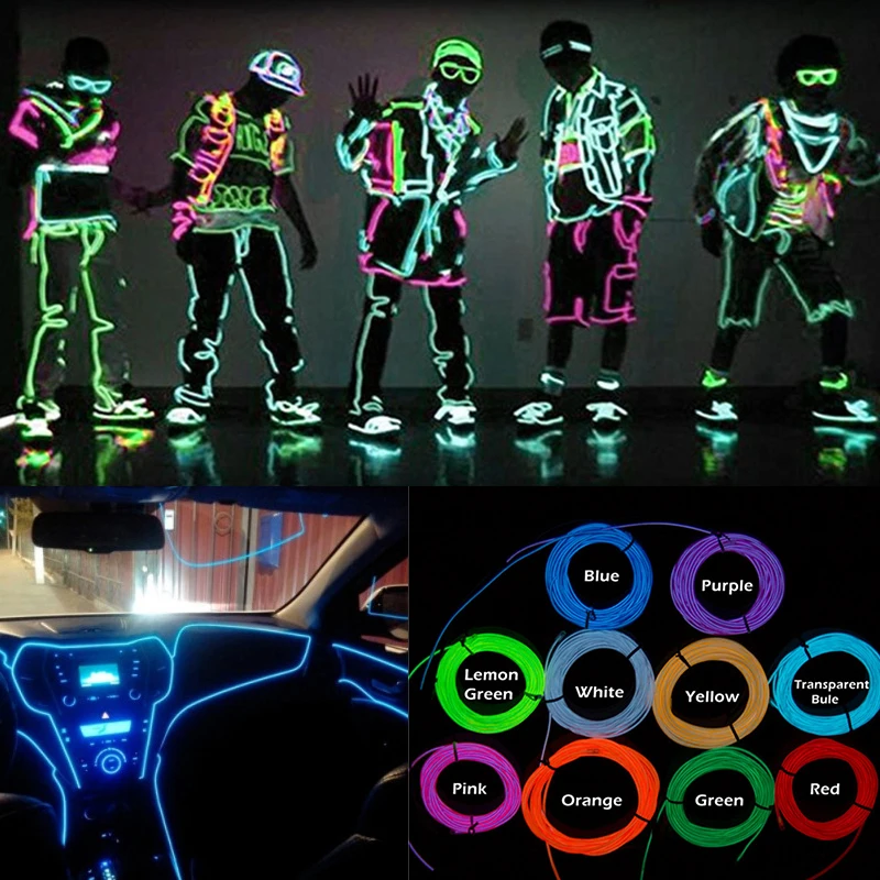 6.6FT/16.4FT EL WIRE LED NEON LIGHT ROPE+CONTROLLER DANCE PARTY COSPLAY DECOR 1 