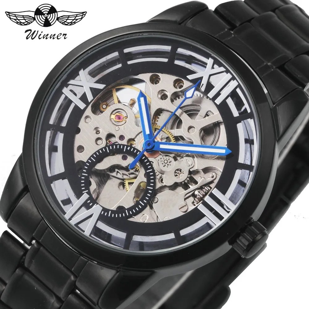 

WINNER Fashion Classic Watch Men Auto Mechanical Watches Skeleton Dial Stainless Steel Strap Roman Numerals Blue Pointer montre