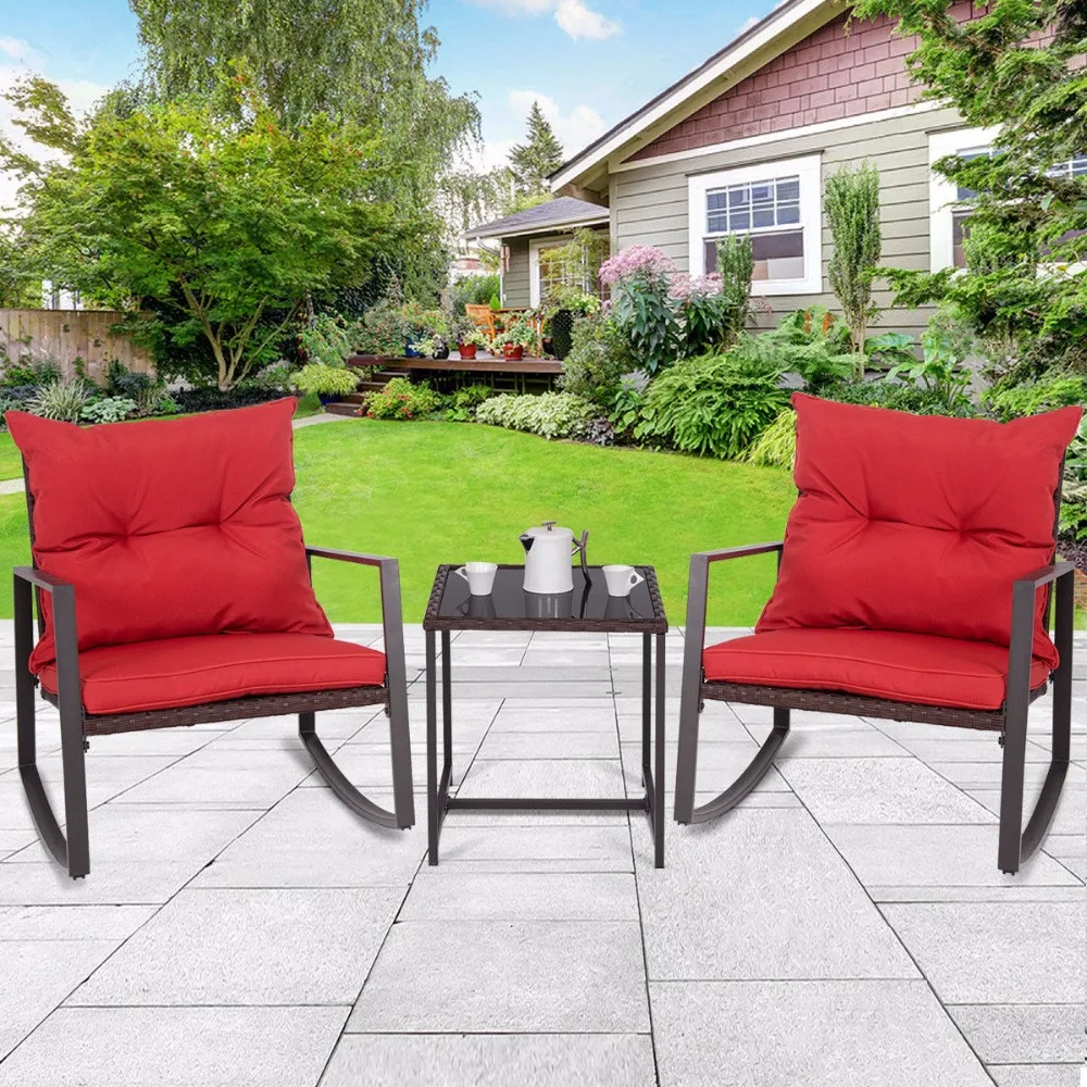 

Giantex 3 PCS Patio Rocking Wicker Bistro Set Outdoor Rattan Wicker Set w/ Cushion Garden Set HW59092