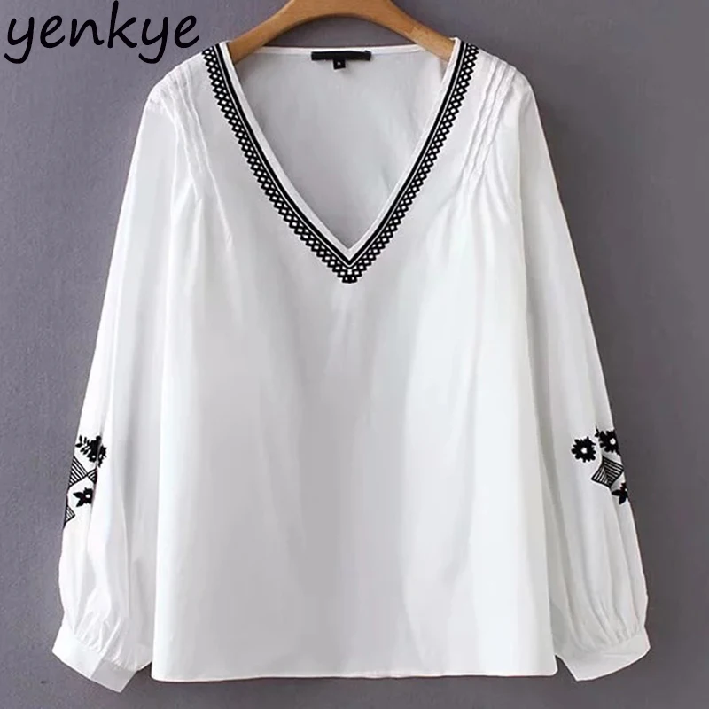 European Style Women V Neck Contrast White Poplin Blouse