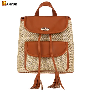 

tassel leather+straw women backpack summer woven beach bag drawstring school backpack teenage girls rucksack backpack women bags