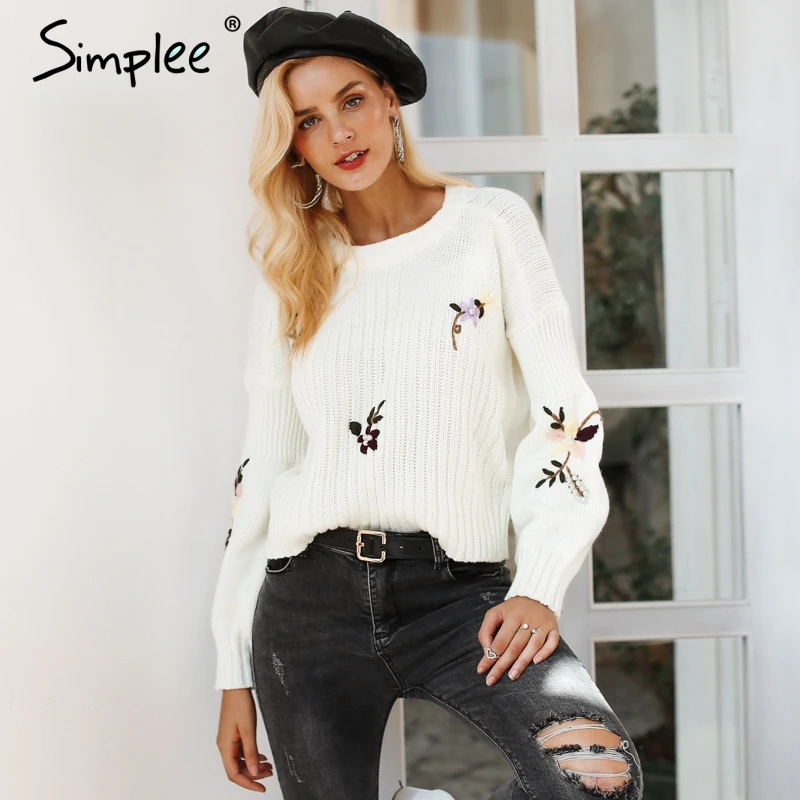 Koop Simplee Borduurwerk bloemen gebreide trui Vrouwen casual wit winter trui Herfst elegant streetwear jumper 2018