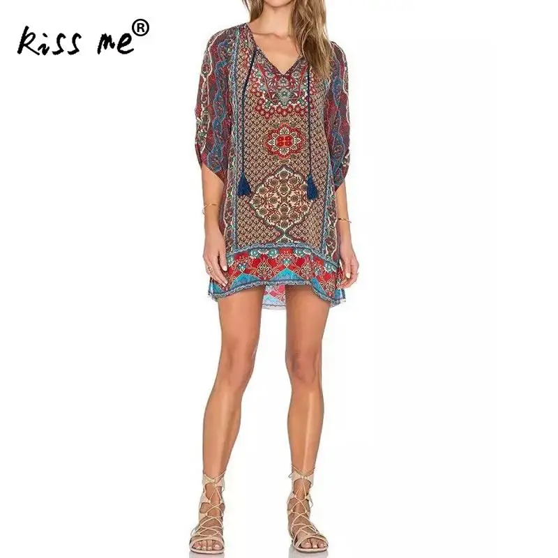 

Beach Cover Up Bohemian Printed Ethnic Vintage Swimwear Ladies Tunics Kaftan Beach Short Dress V Neck Beach Wear Women Summer